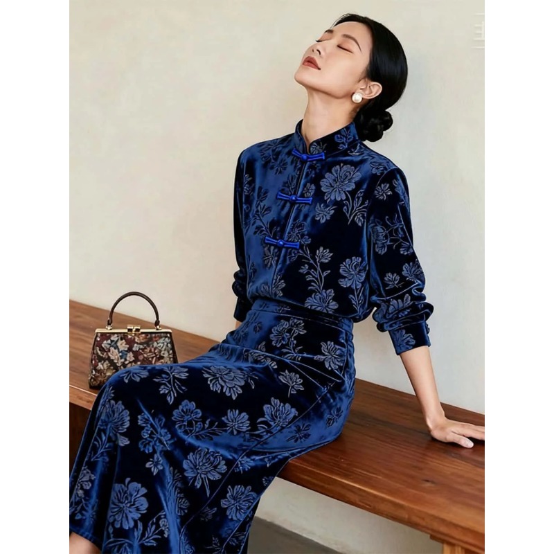 Midi Skirt Floral - Women New Chinese Style Velvet Floral