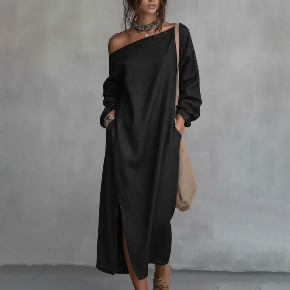 Linen Dress Wrap - Women's One Shoulder Long Sleeve Maxi