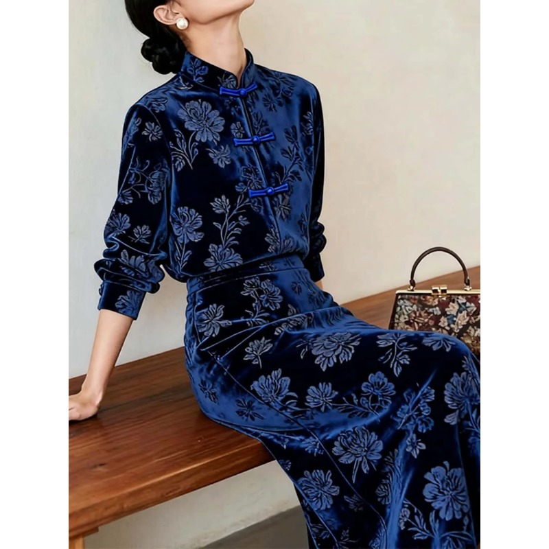 Women New Chinese Style Velvet - огляд і ціна Midi Skirt Floral